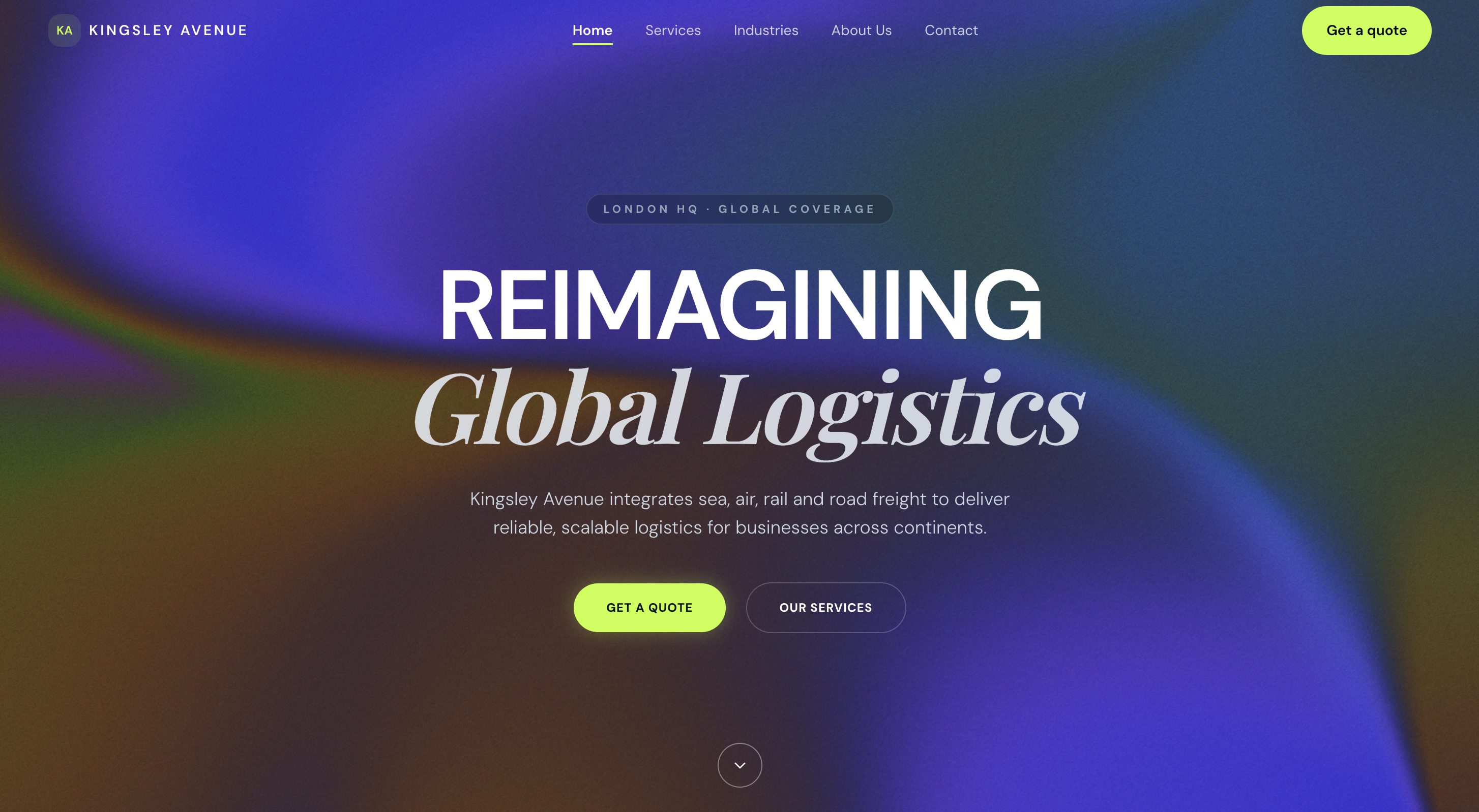 Kingsley Avenue homepage with a fluid blue, violet and green backdrop, oversized Global Logistics typography and lime quote buttons